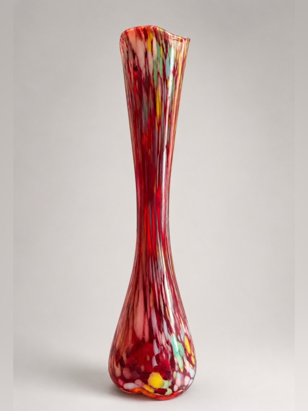MCM large Japanese Art Glass Swung  Style Vase 14.5” Red Spatter Tricorn Base